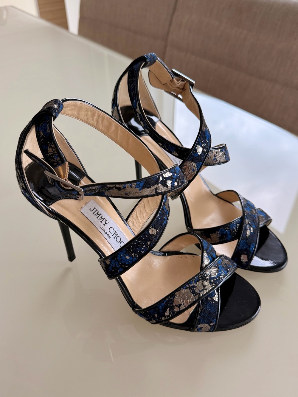 Jimmy Choo Black and Blue Metallic Strappy Pumps 39.5